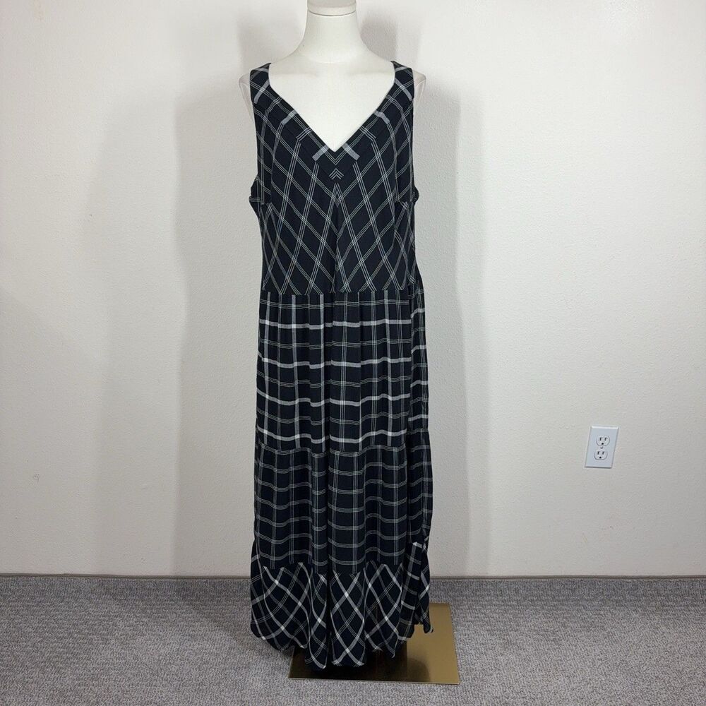J Jill Dress Womens Large Black Plaid Maxi Tank Pockets Casual Summer Boho